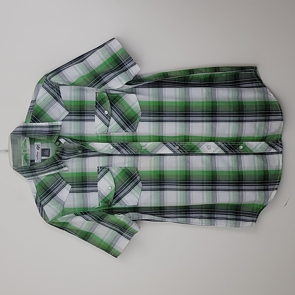 Urban Pipeline Green & Blue Plaid Cotton Western Pearl Snap Shirt M